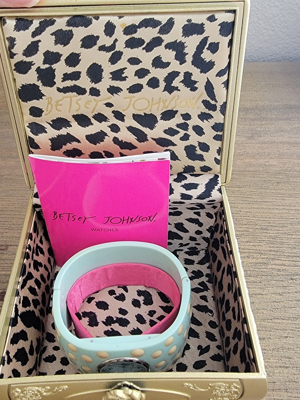 Betsey Johnson Mint Green Polka Dot Bangle Watch with Gold Dots - Picture 2 of 5